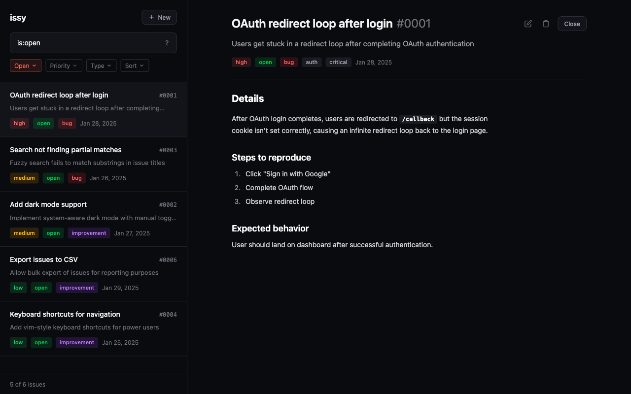 issy web UI showing issue list with filters and issue detail view